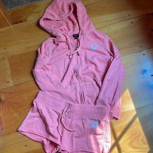 Pink true religion hoodie jacket and short set